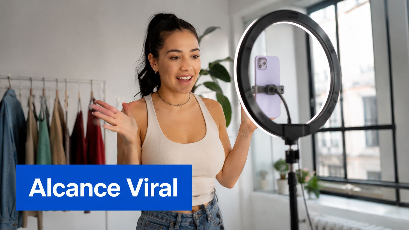 Una joven influencer creando contenido para redes sociales frente a un aro de luz y su teléfono.