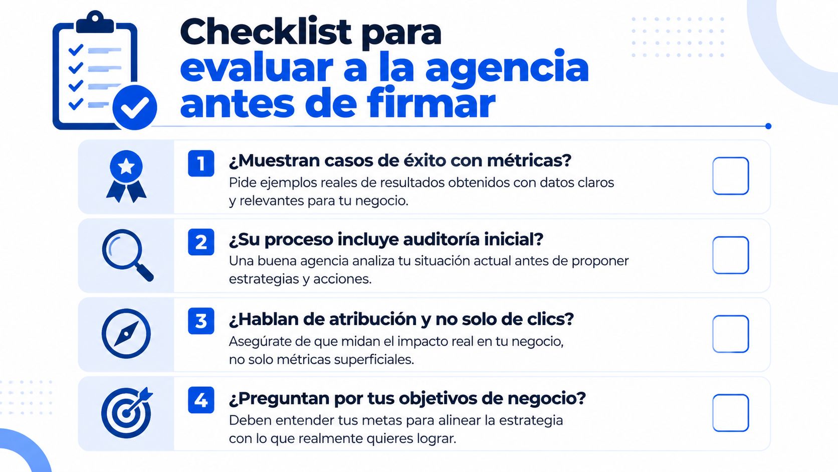 Lista de verificación para evaluar agencias de marketing antes de firmar un contrato con ellas.