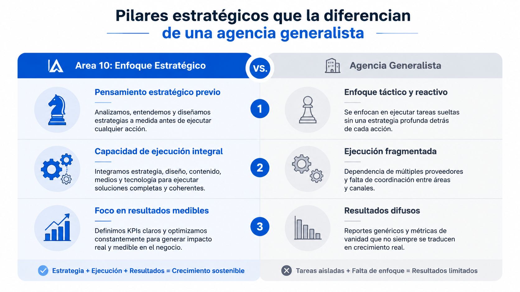 Comparativa entre Area 10 y una agencia generalista destacando estrategia, ejecución integral y resultados medibles para empresas.