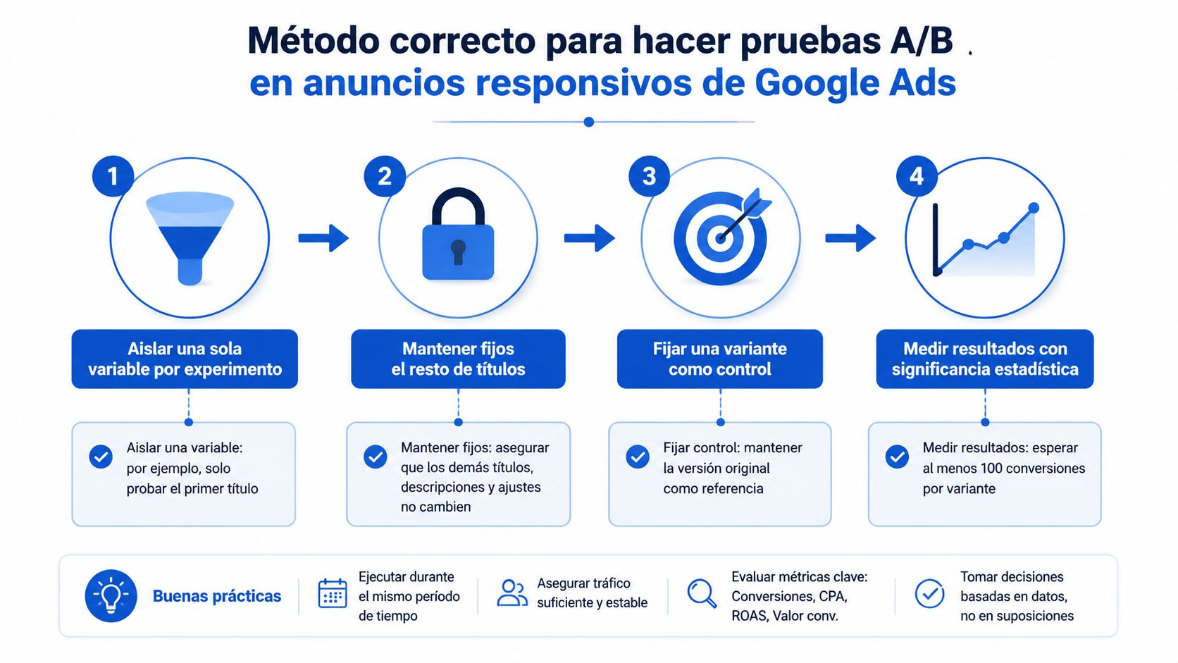Infografía sobre el método correcto para realizar pruebas A/B en anuncios responsivos de Google Ads.