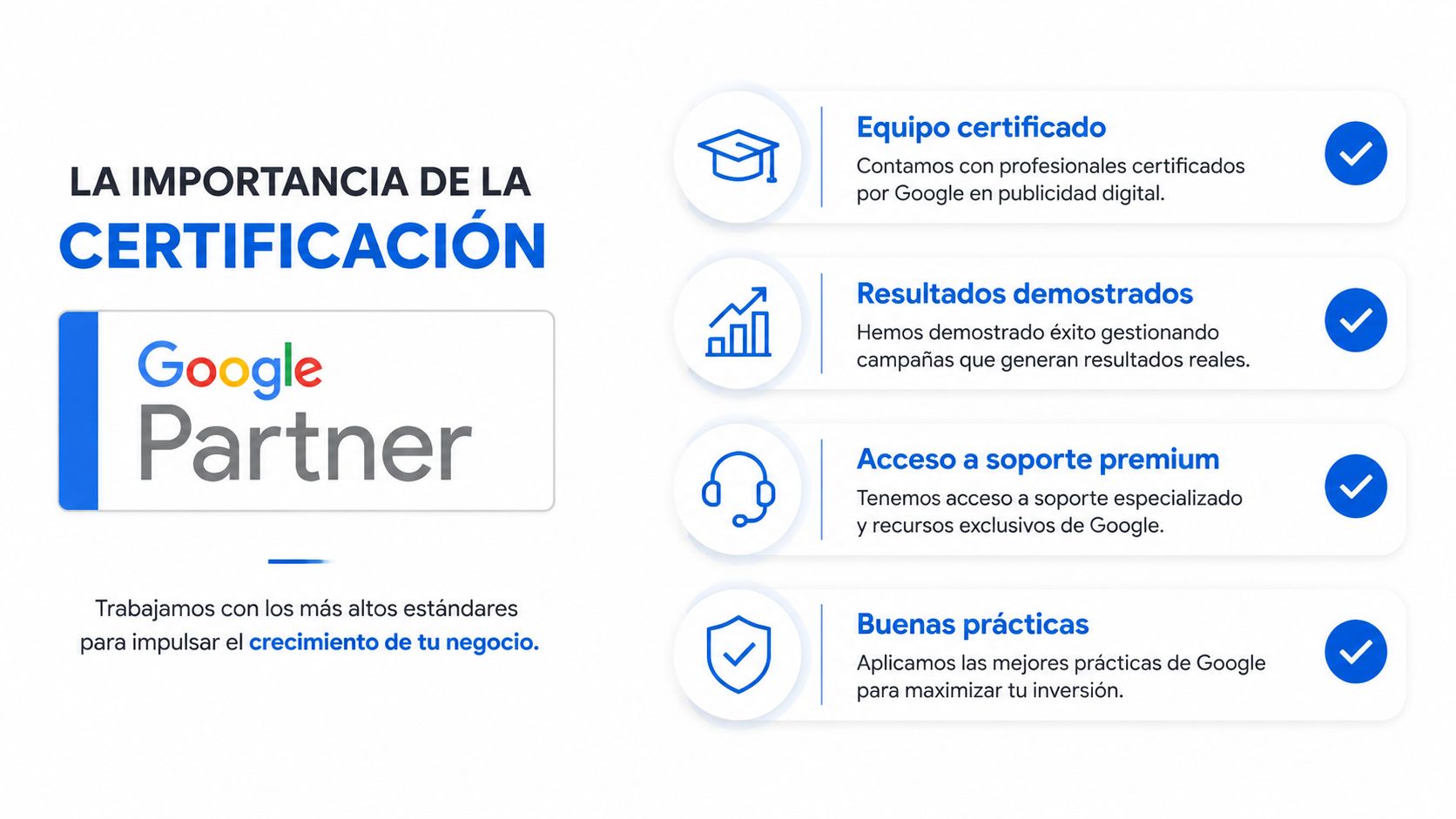 Infografía sobre la importancia de la certificación Google Partner para agencias de marketing y publicidad digital.