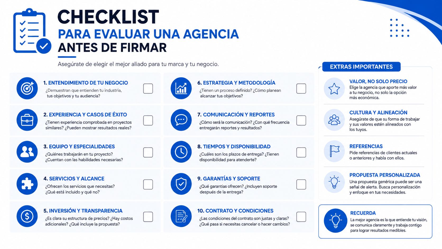 Lista de verificación para evaluar una agencia de marketing antes de contratar sus servicios profesionales.