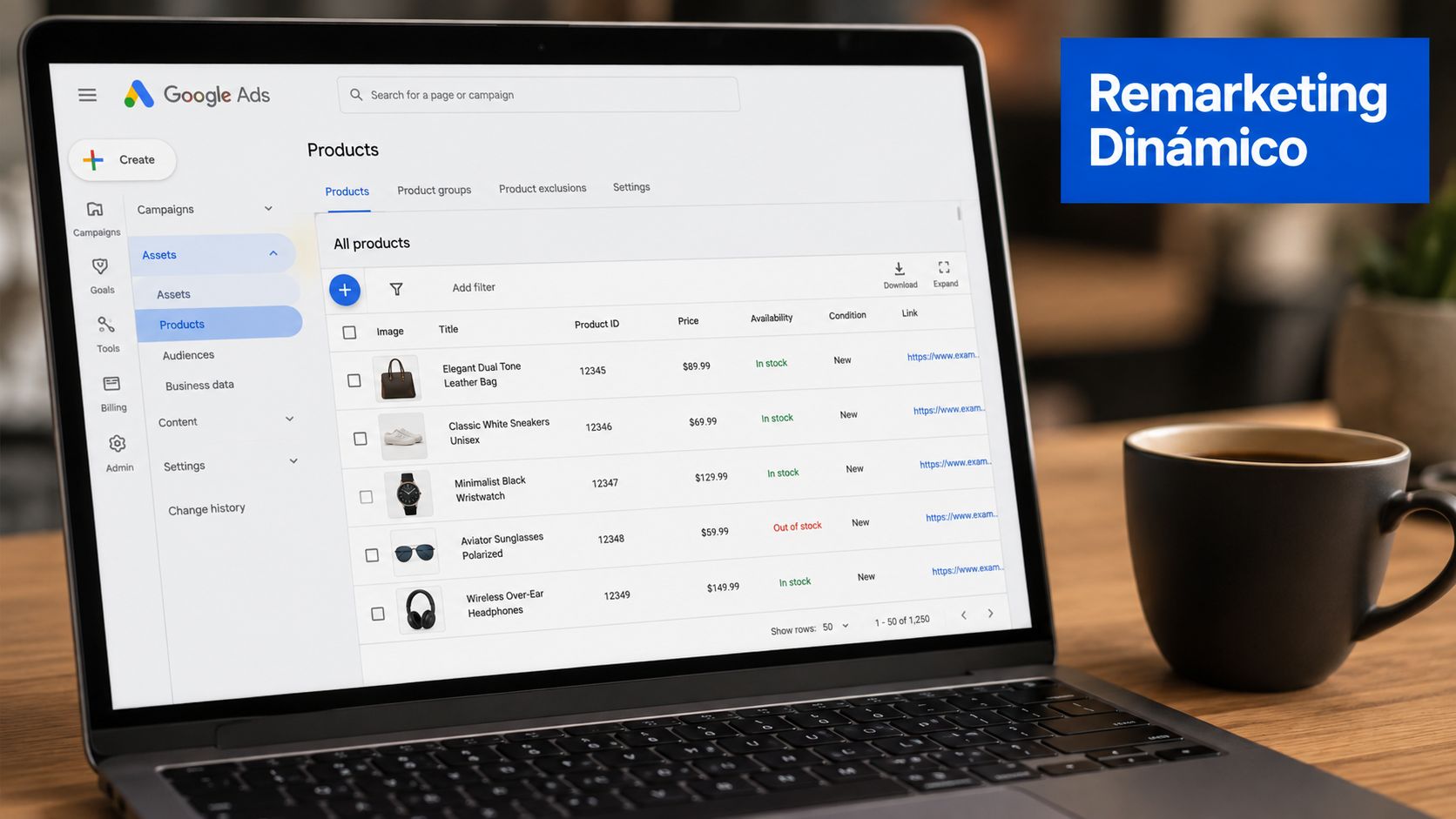 Una computadora portátil mostrando la plataforma de Google Ads con una lista de productos en pantalla.