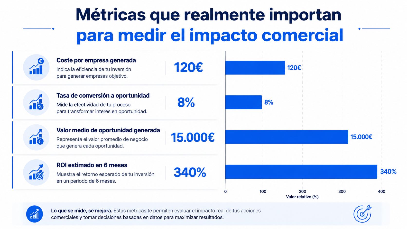Gráfico que ilustra cuatro métricas clave de impacto comercial para evaluar la eficacia y el retorno de inversión.
