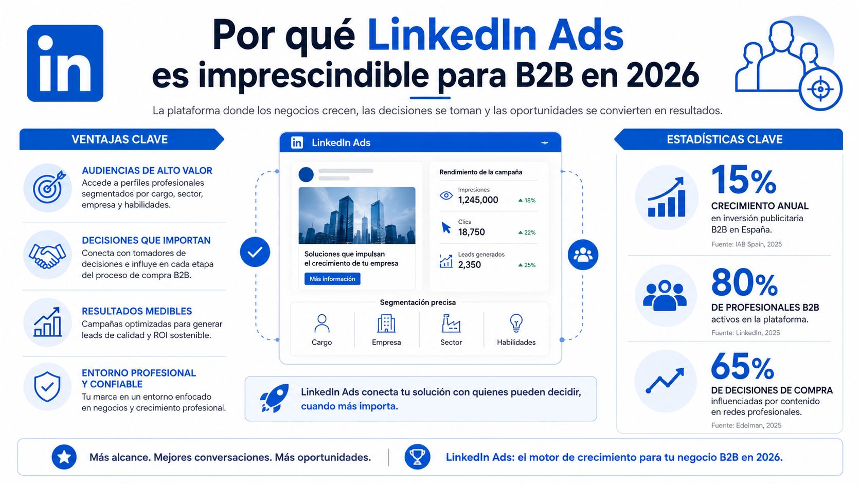Infografía sobre por qué la publicidad en LinkedIn Ads es esencial para empresas B2B durante 2026.