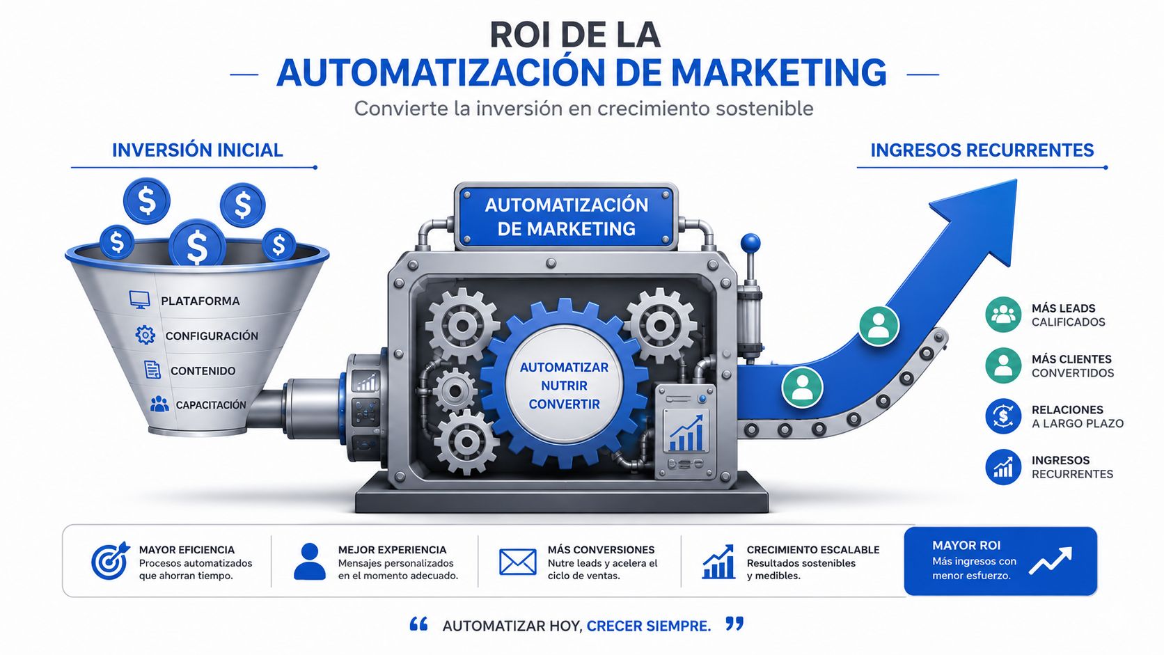 Infografía sobre el ROI de la automatización de marketing, mostrando el proceso de inversión inicial y crecimiento.