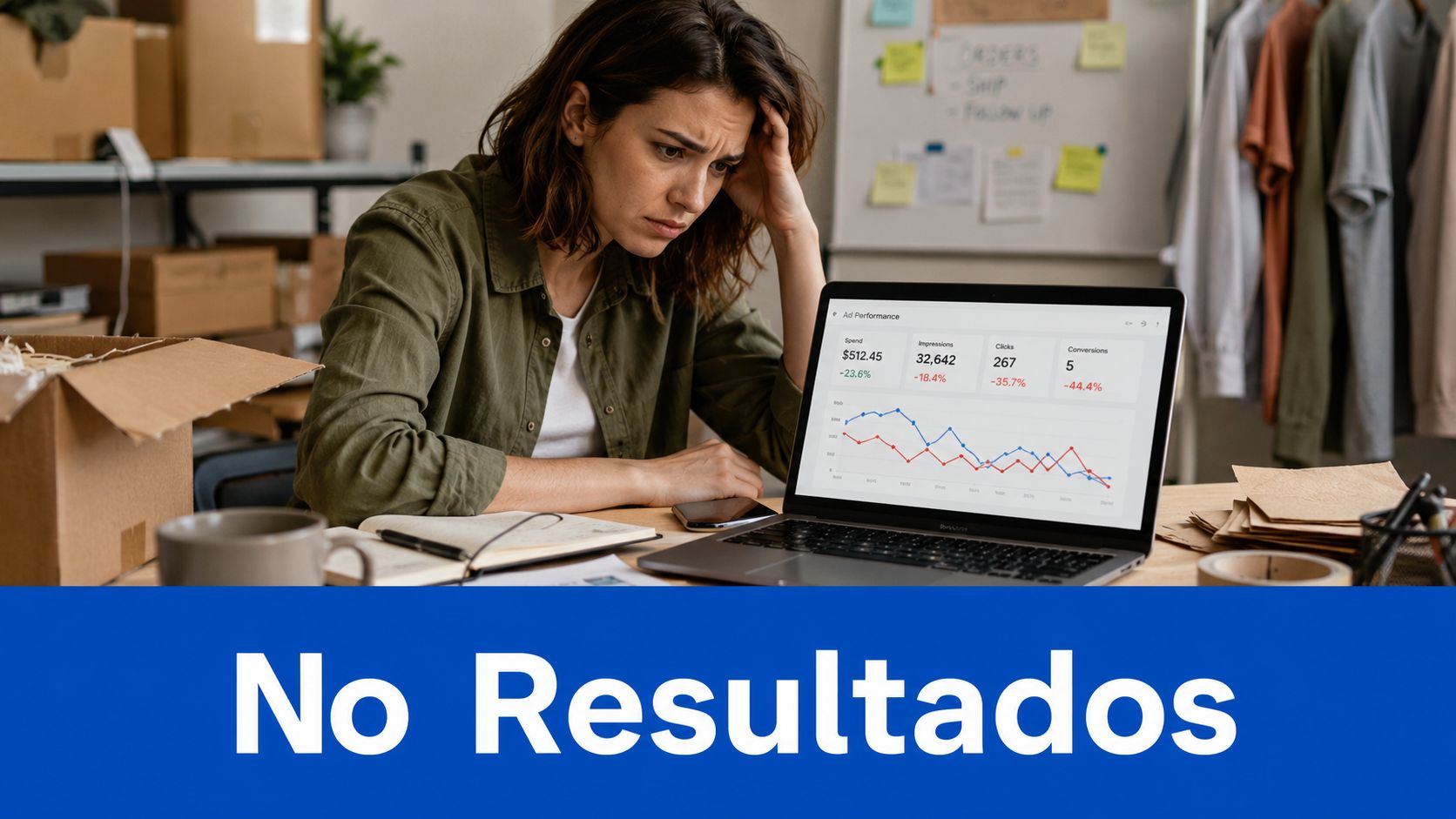 Emprendedora estresada frente a su computadora observando resultados negativos en una campaña de publicidad en meta.
