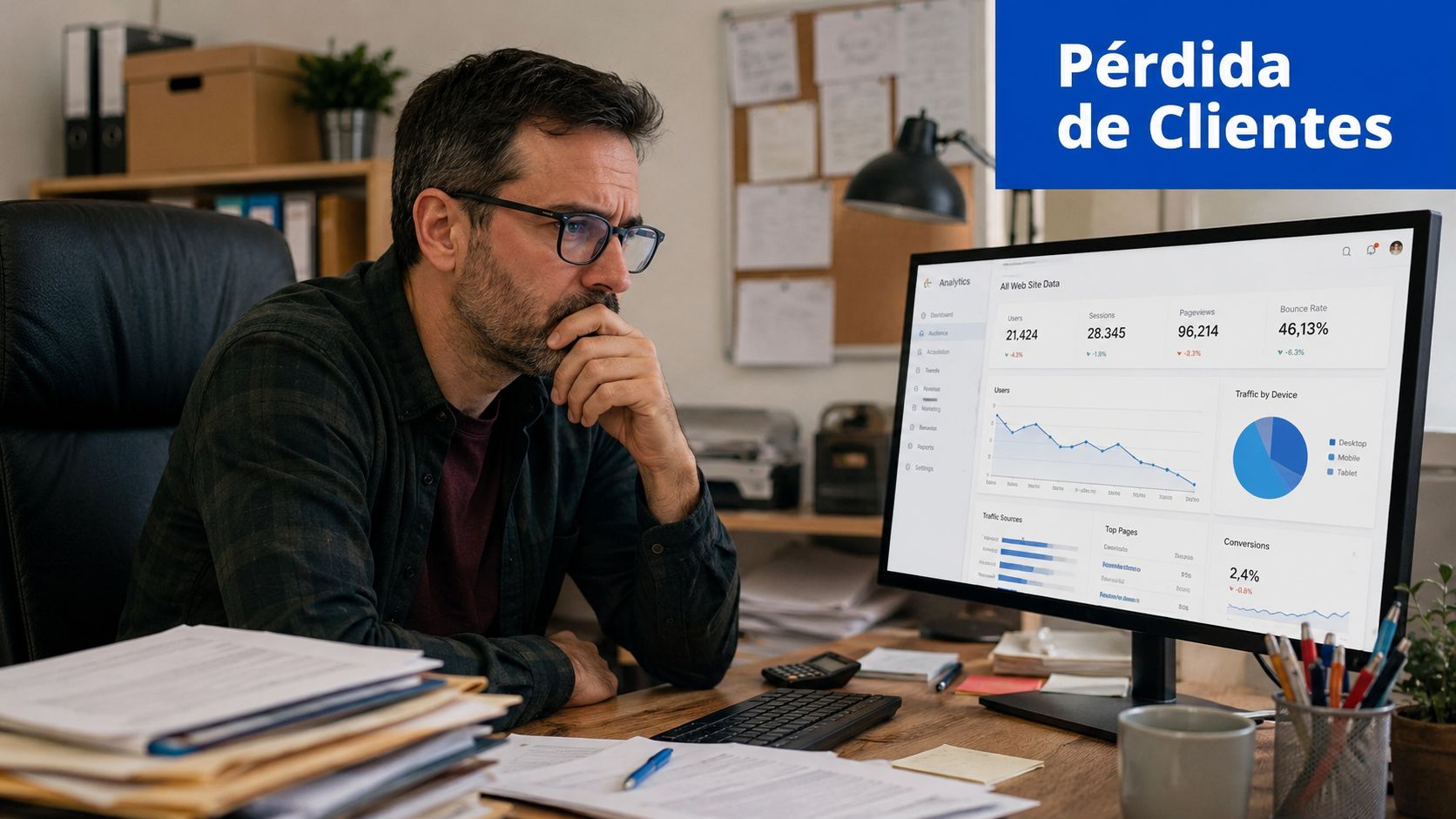 Un hombre de negocios analizando gráficos de datos digitales preocupado por la pérdida de clientes en pantalla.