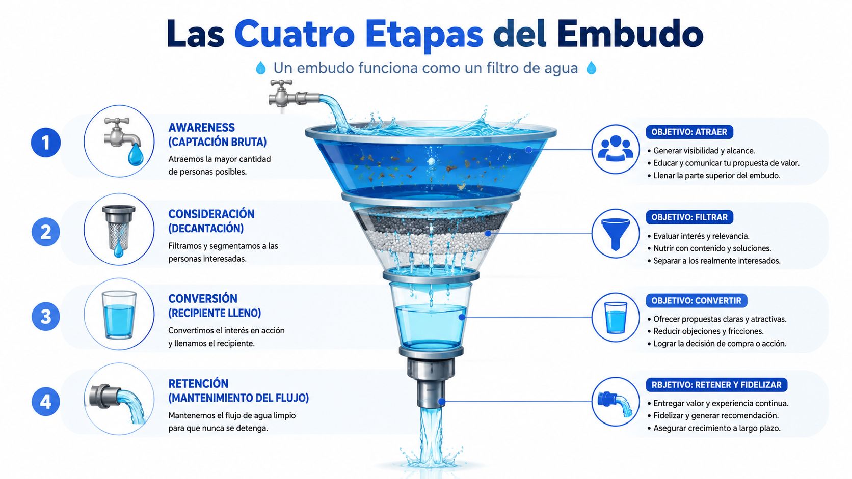 Infografía que explica las cuatro etapas del embudo de marketing utilizando la analogía de un filtro de agua.