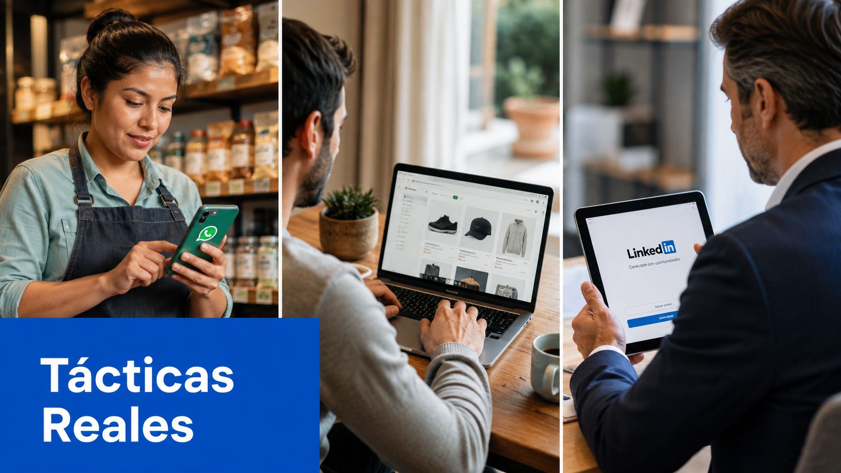Tres personas utilizando tecnología digital como teléfonos, computadoras y tabletas para estrategias de marketing y negocios.