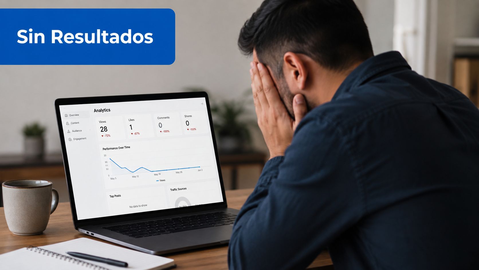 Hombre frustrado frente a su computadora portátil observando estadísticas negativas en un panel de control de redes sociales