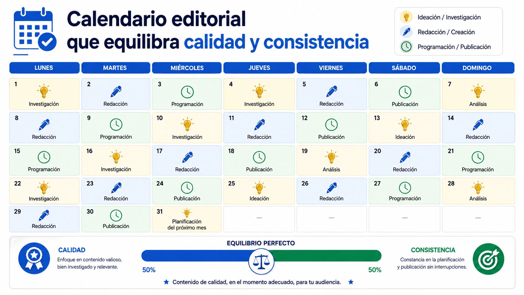 Calendario editorial mensual para redes sociales con iconos de investigación, redacción y publicación para lograr equilibrio.