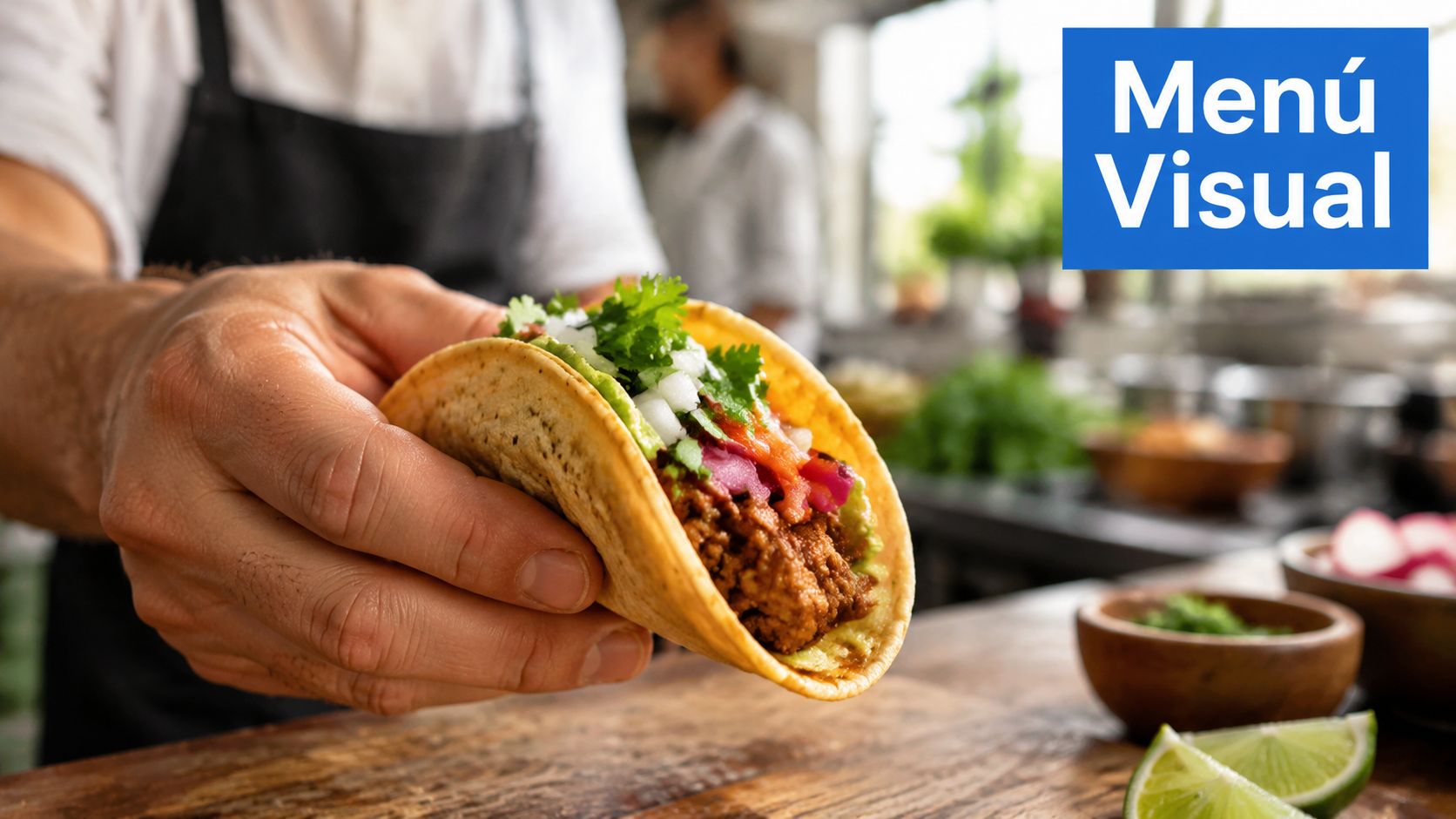 Un chef profesional sostiene un taco recién preparado con carne, cebolla, cilantro y aguacate en una cocina.