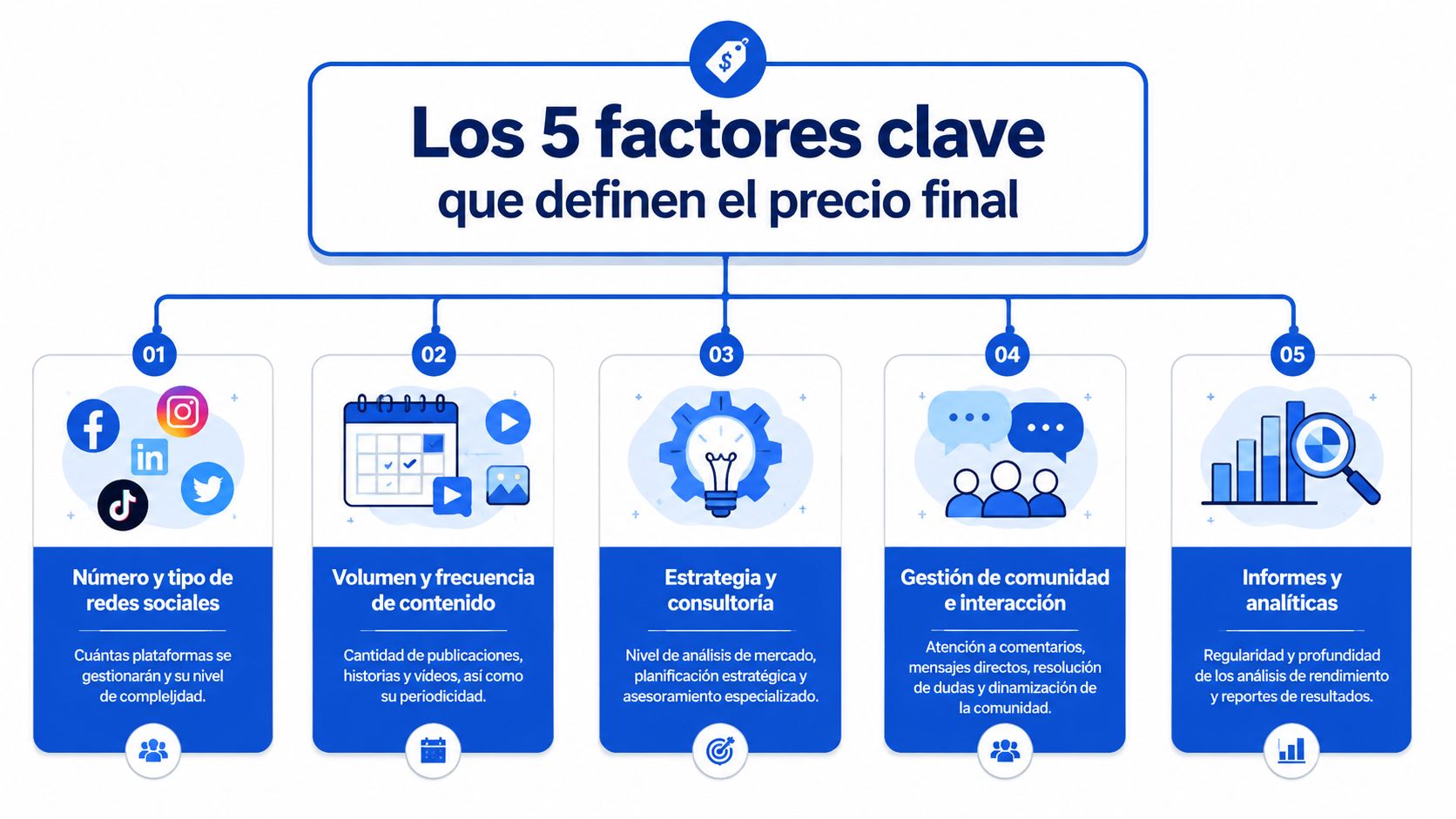 Infografía sobre los cinco factores clave que determinan el precio final de los servicios de redes sociales.