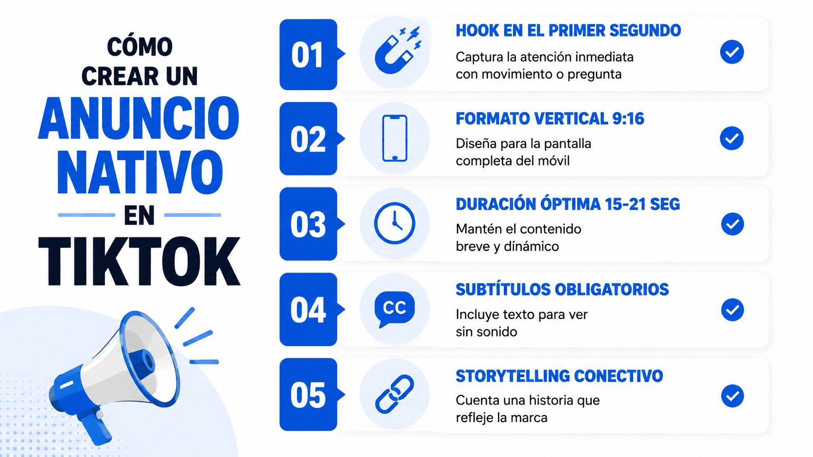 Infografía con cinco consejos esenciales para crear anuncios publicitarios nativos efectivos en la plataforma TikTok.