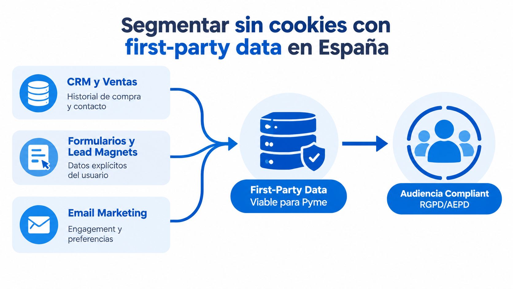 Diagrama que muestra cómo segmentar audiencias usando first-party data cumpliendo con la normativa RGPD y AEPD en España.