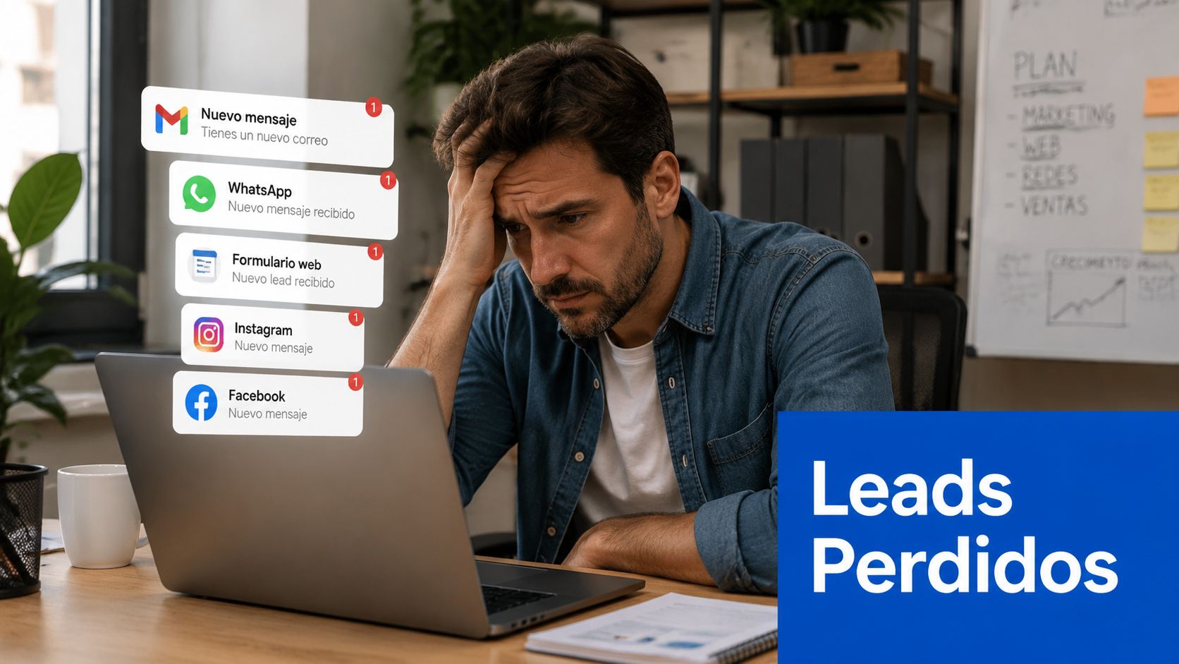 Empresario estresado sentado frente a su portátil rodeado de notificaciones digitales de múltiples canales de clientes potenciales