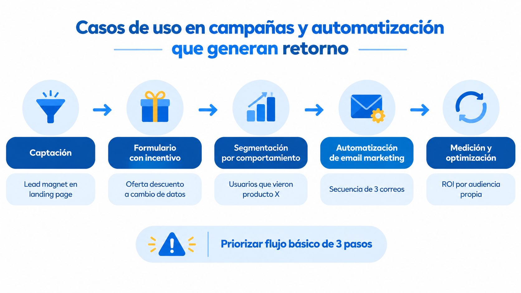 Diagrama de flujo que muestra pasos para automatización de marketing y captación de datos de usuarios.