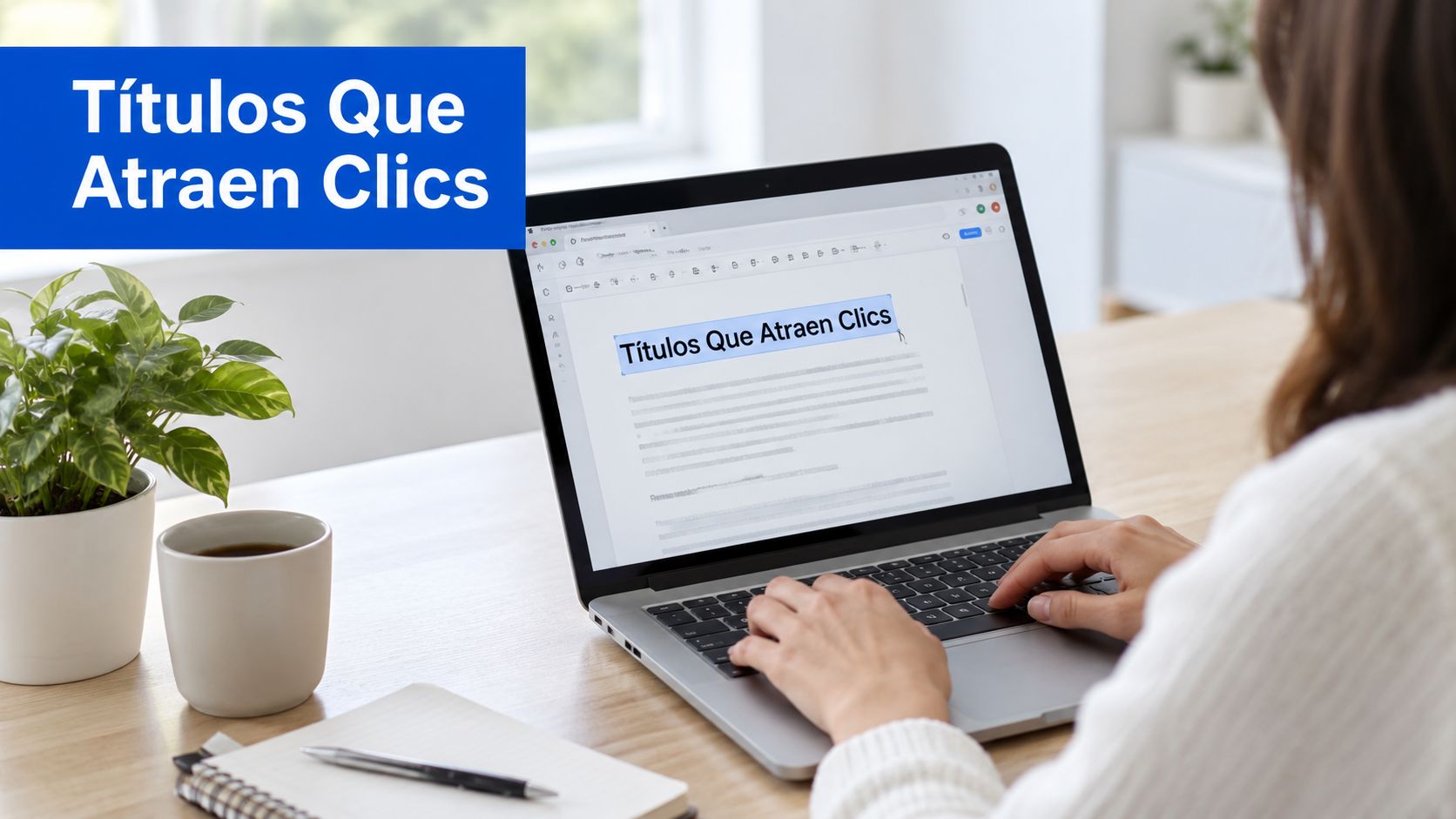 Una persona escribiendo en una computadora portátil sobre un escritorio, con el título Títulos Que Atraen Clics resaltado.