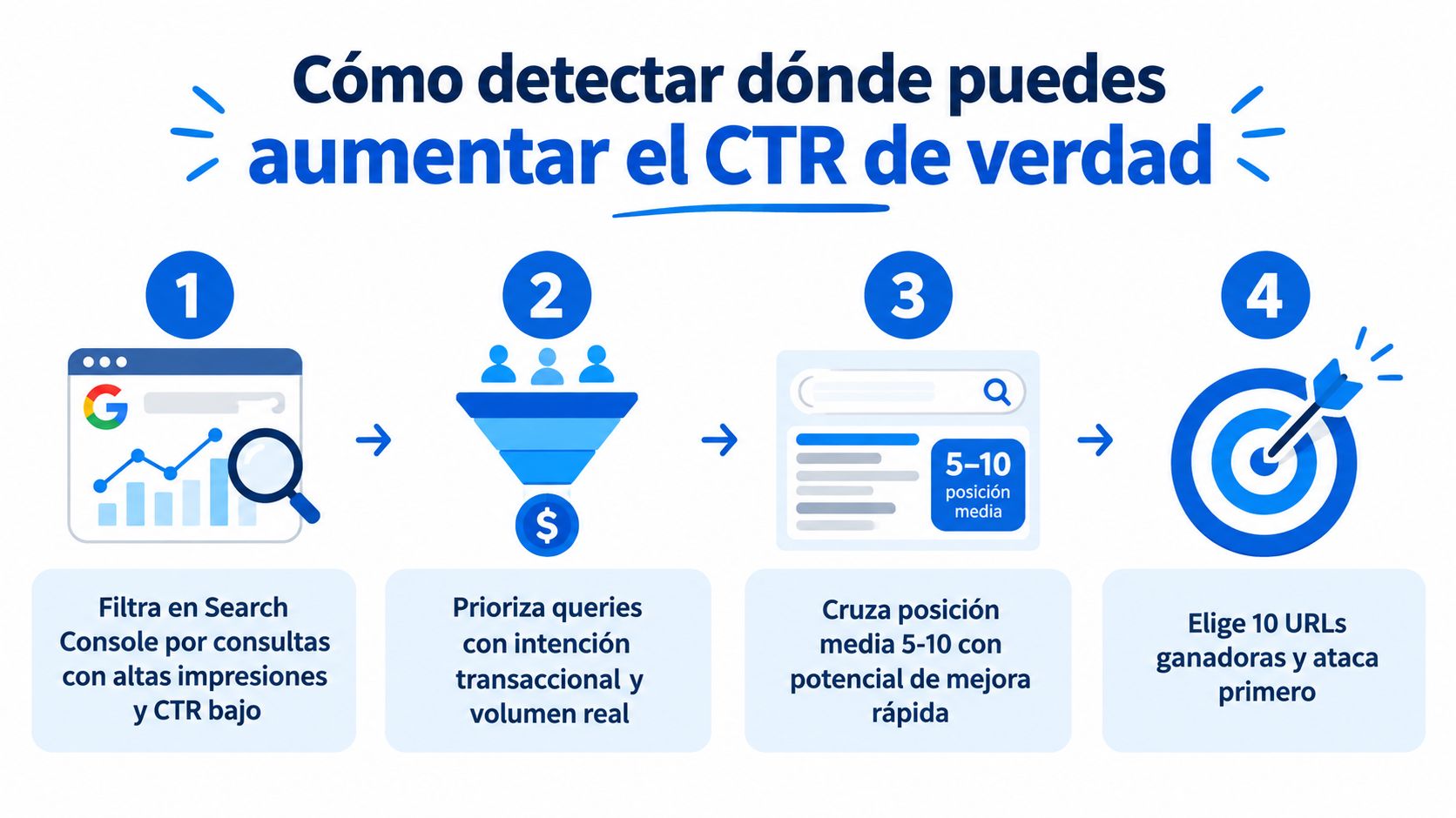 Infografía con cuatro pasos para detectar y aumentar el CTR de páginas web en Google Search Console.