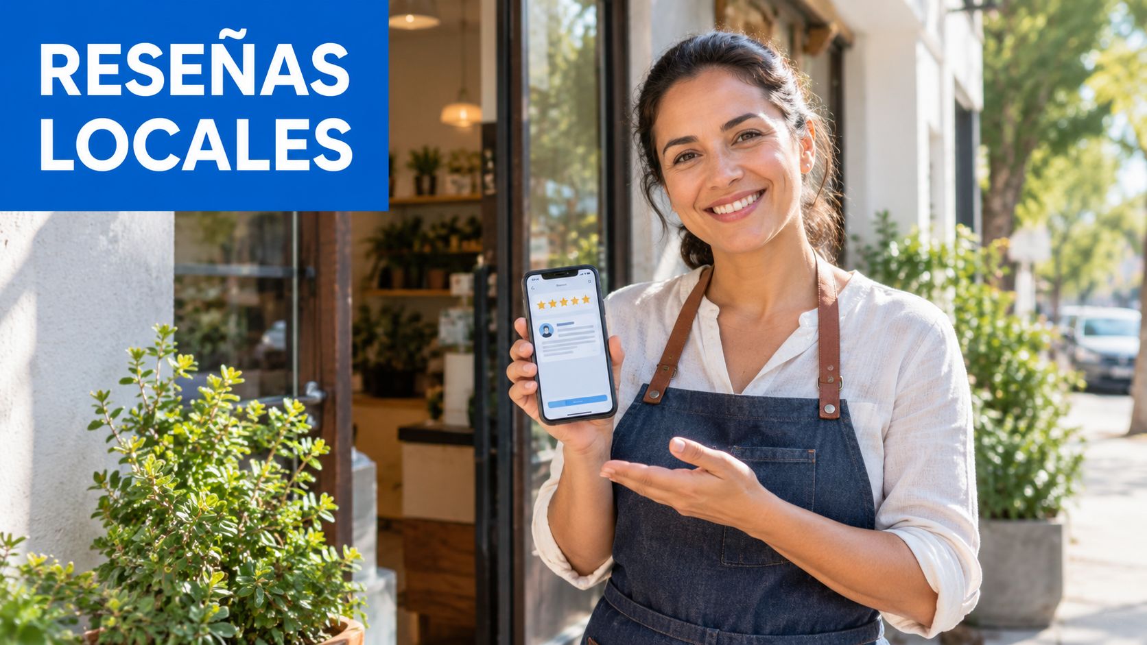 Dueña de un pequeño negocio sonriente mostrando reseñas de clientes de cinco estrellas en su teléfono móvil.