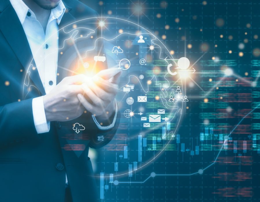 Business man using mobile phone with icon network connection, Digital online marketing and business